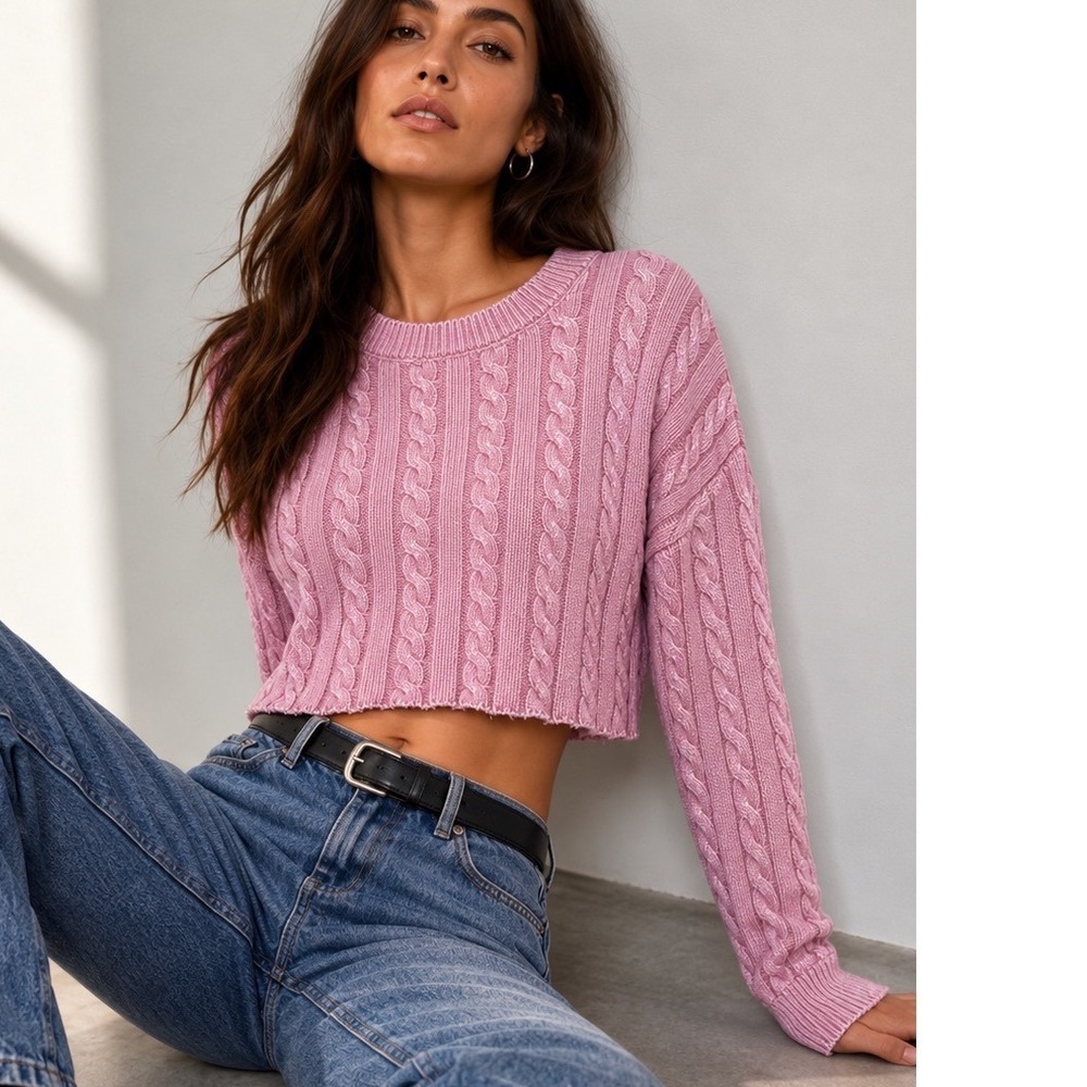 Aerie Pink Cable Knit Cropped Sweater Small 100% Cotton Long Sleeve Crew Neck